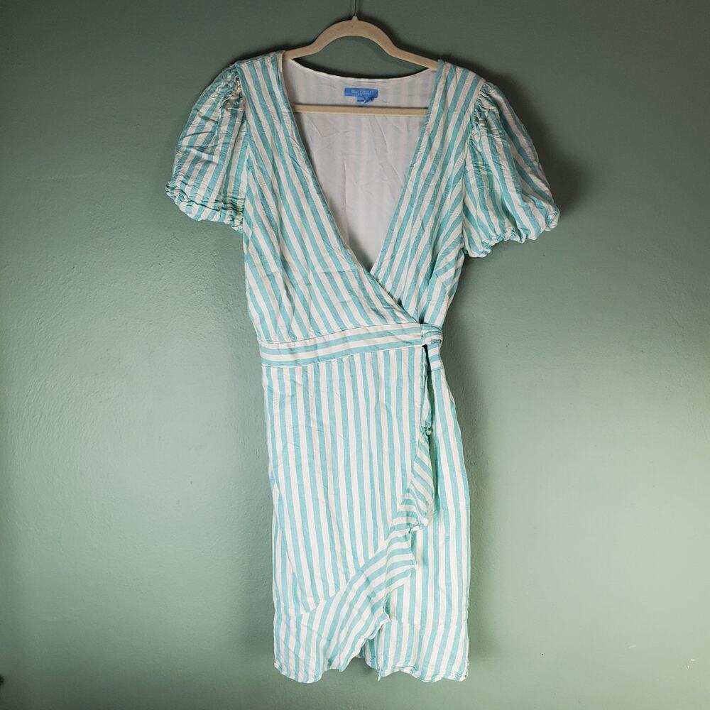 Draper James RSVP Turq White Striped Womens Puff Sleeve Wrap Dress Size Large